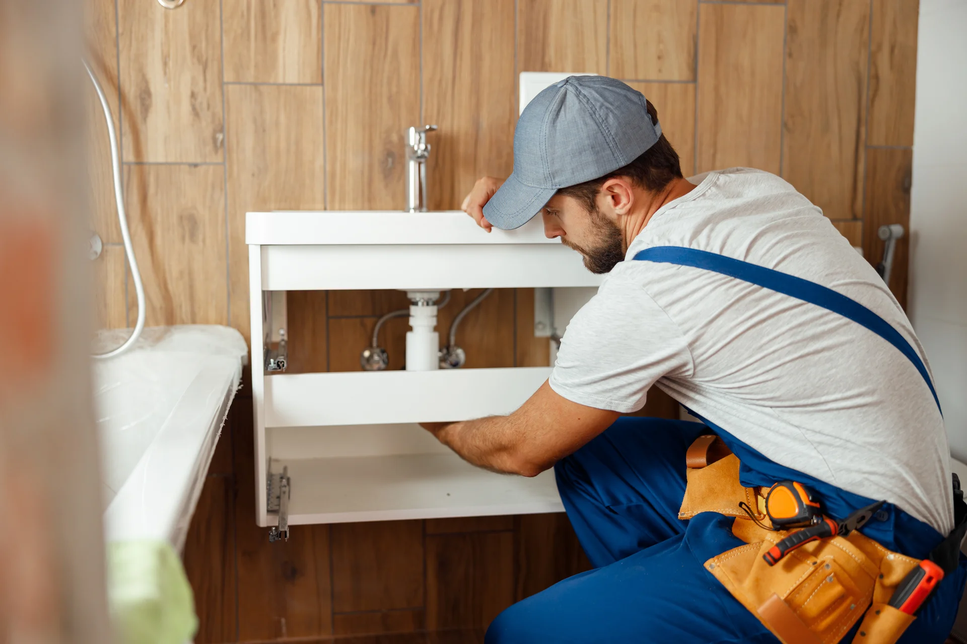The image shows a person working on a bathroom sink. They are wearing a gray cap and a light-colored shirt, along with blue overalls. The individual appears to be focused on adjusting or fixing the plumbing beneath the sink, which is white and has a modern design. The background features wooden wall tiles and a bathtub. Tools are visible in a belt around the person's waist.